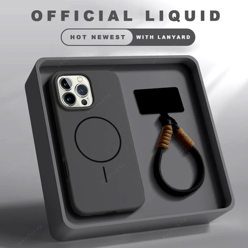 Magnetic Phone Case with Lanyard for iPhone 11–16 Pro Max Silicone MagSafe Strap Shockproof Protective Cover