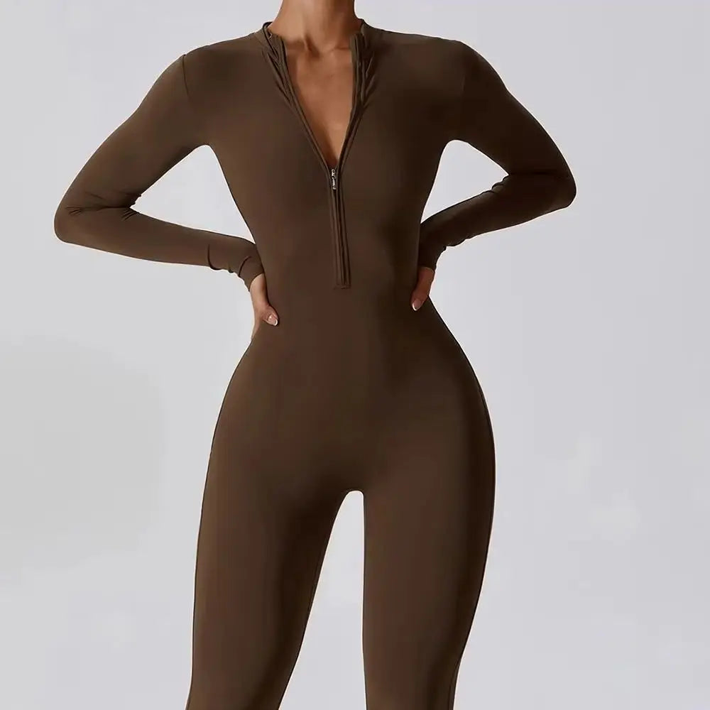 Women Long Sleeve Yoga Jumpsuit Zipper One Piece Fitness Workout Bodysuit Slim Fit