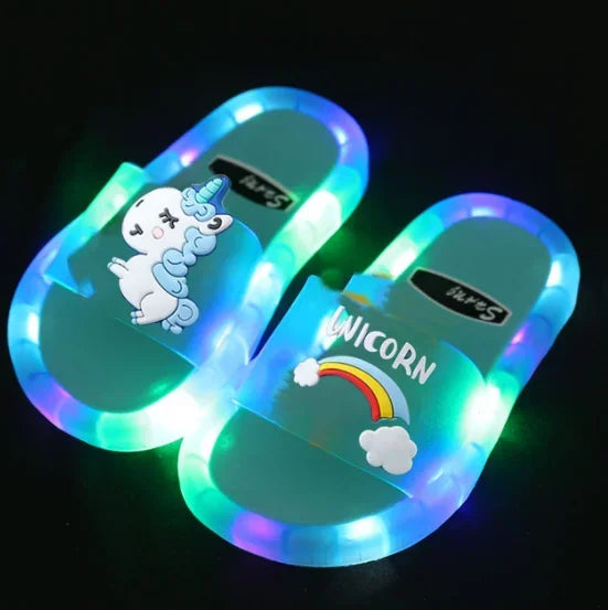 Kids LED Light Up Slippers Unicorn Cartoon Glowing Sandals Colorful Non Slip Children Slide Shoes