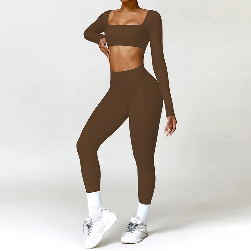 2PCS Seamless Yoga Set Women Long Sleeve Crop Top High Waist Leggings Workout Outfit