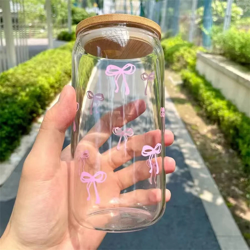 Pink Bow Glass Tumbler with Lid and Straw 500ml