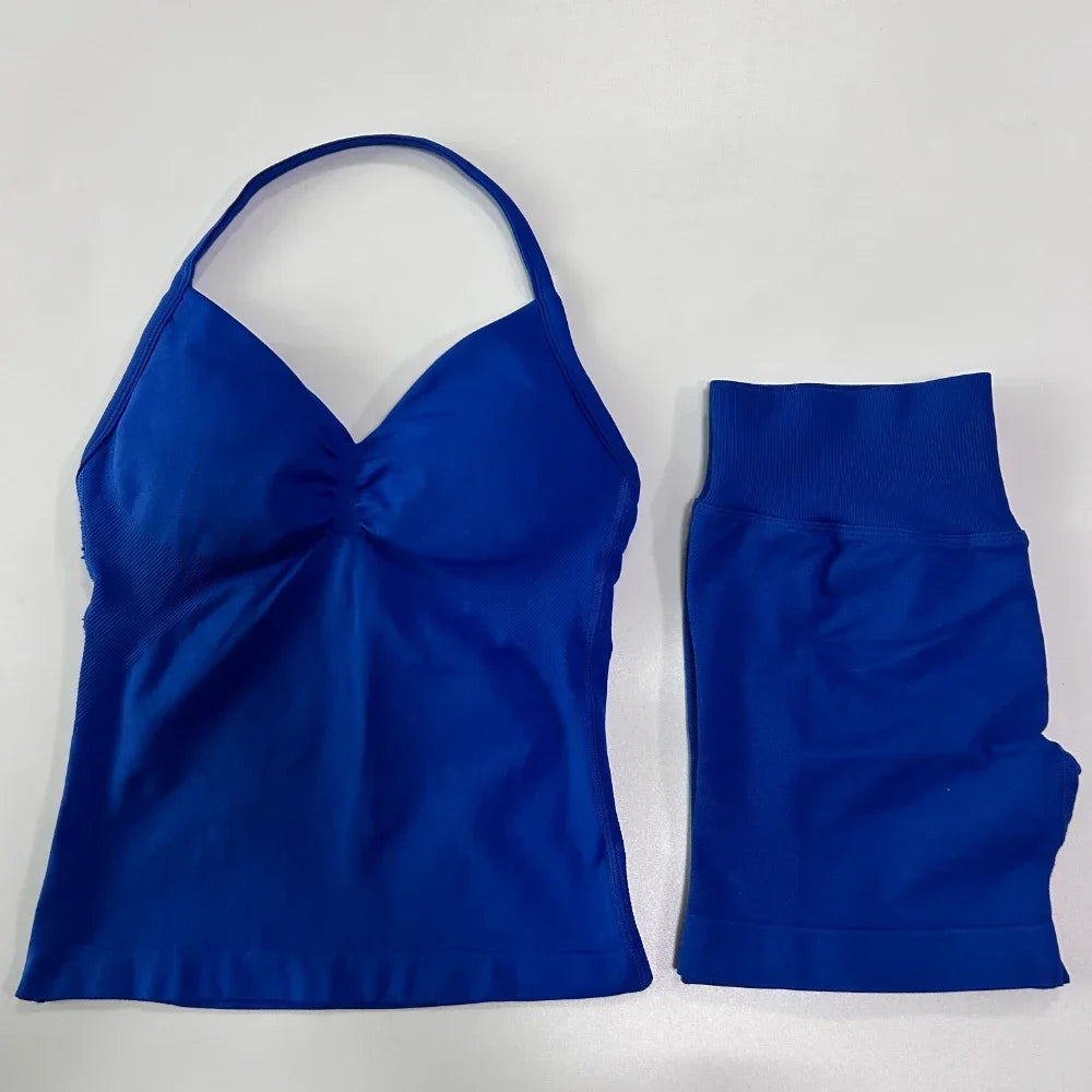 Yoga Set Women Seamless Tank Top High Waist Scrunch Shorts Gym Workout Set