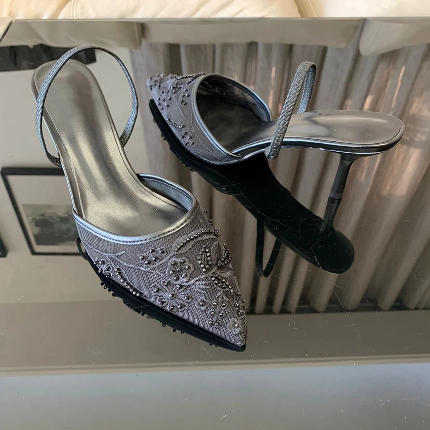Women White Slingback High Heels Mesh Embroidered Floral Wedding Dress Shoes