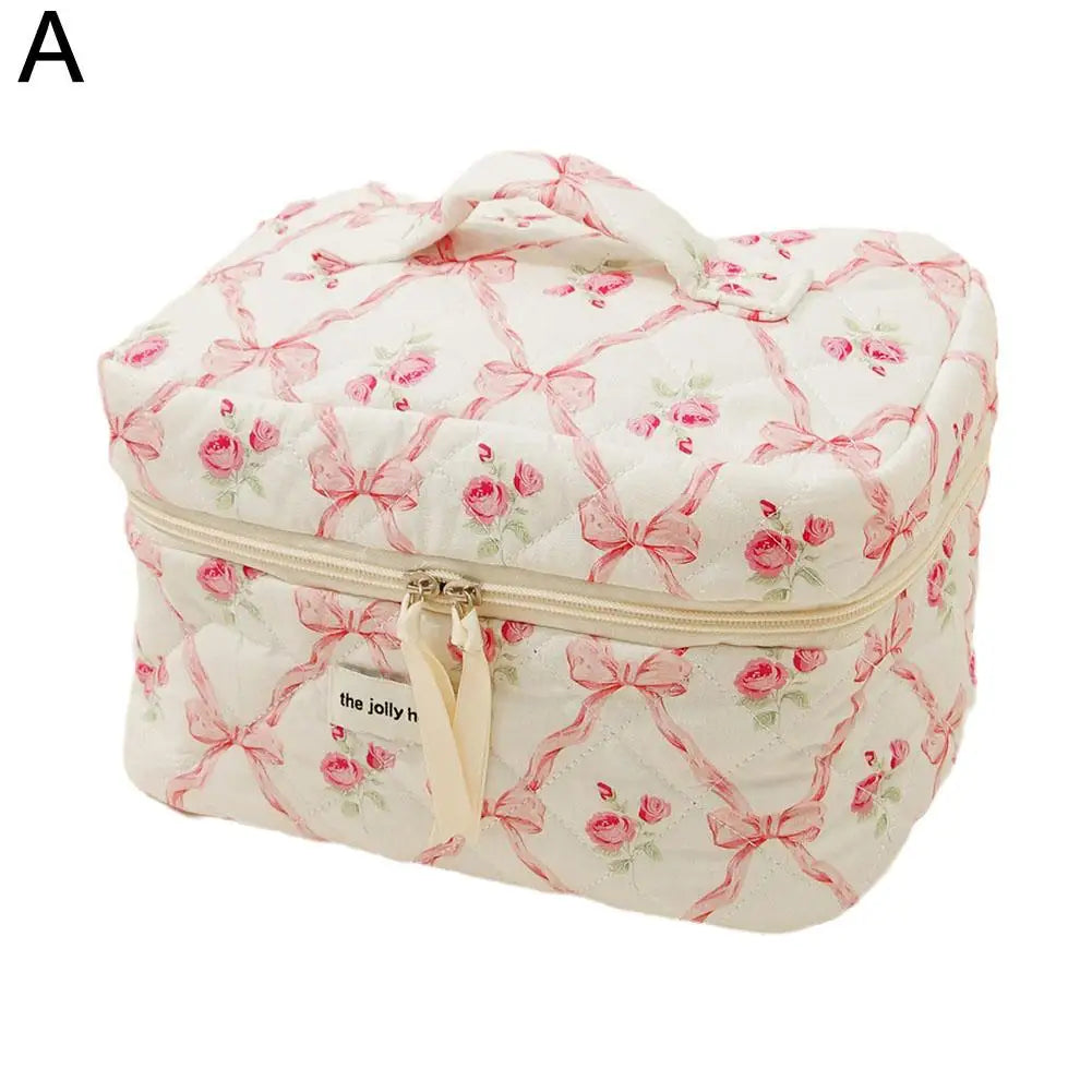 Women Quilted Makeup Bag Cute Bow Flower Zipper Cosmetic Organizer Toiletry Case