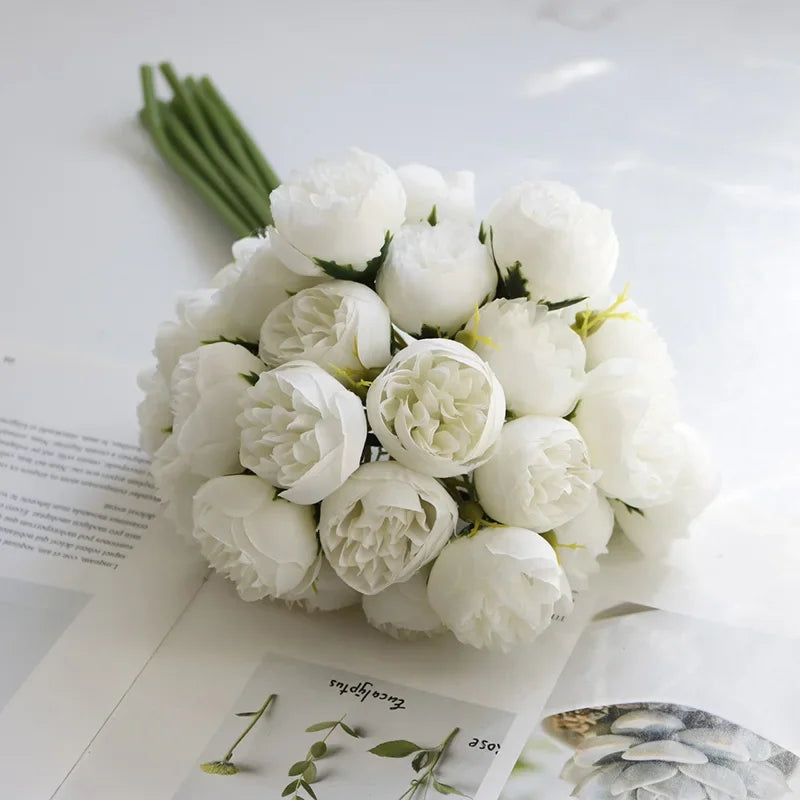 Artificial Pink Peony Rose Bouquet Silk Flowers 27 Heads Home Wedding Decor