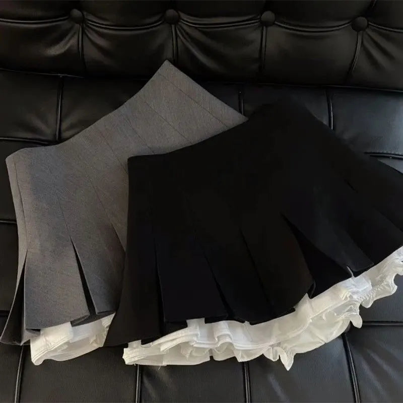 Women Ruffle Pleated Mini Skirt High Waist A Line