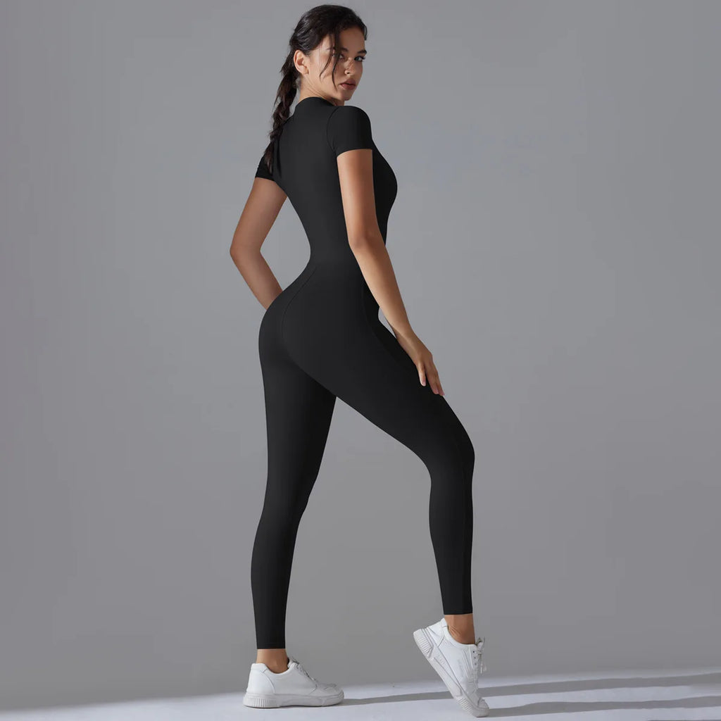 Women Zip Short Sleeve Yoga Jumpsuit Fitness Suit