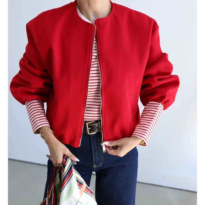 Women Red Cropped Bomber Jacket Zip Up Long Sleeve Sports Outerwear