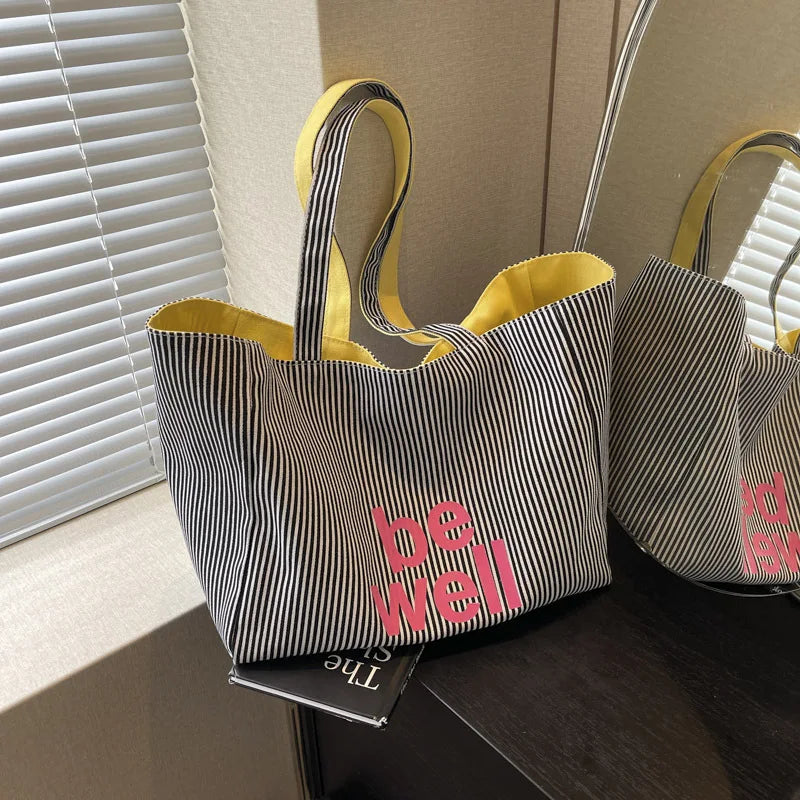 Women Striped Canvas Tote Bag Large Capacity Shoulder Bag