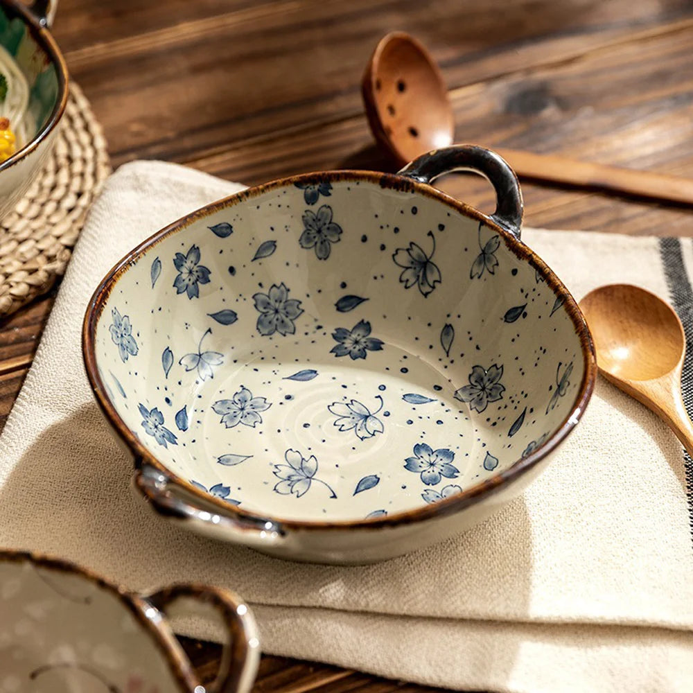 Ceramic Noodle Bowl 7.5 Inch Handle Soup Salad Pasta Microwave Safe Tableware