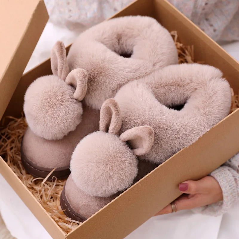 Winter Plush Slippers Thick Sole Couple Indoor Faux Rabbit Fur Closed Back House Shoes