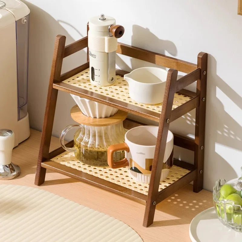 2 Tier Bamboo Countertop Organizer Coffee Cup Holder Multipurpose Storage Shelf