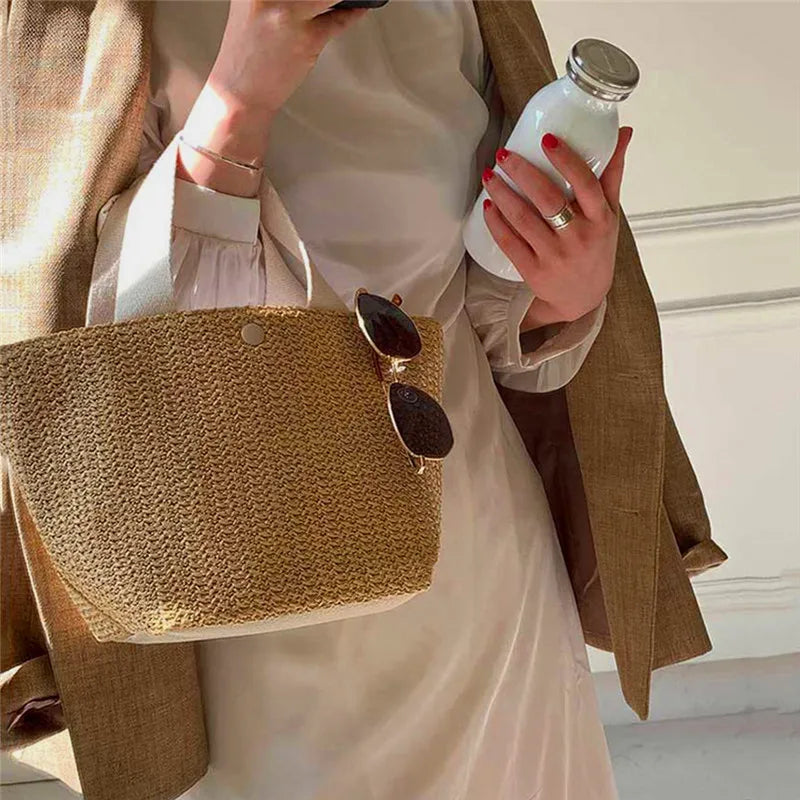 Bohemian Straw Bucket Bag Handmade Woven Rattan Shoulder Crossbody Bag