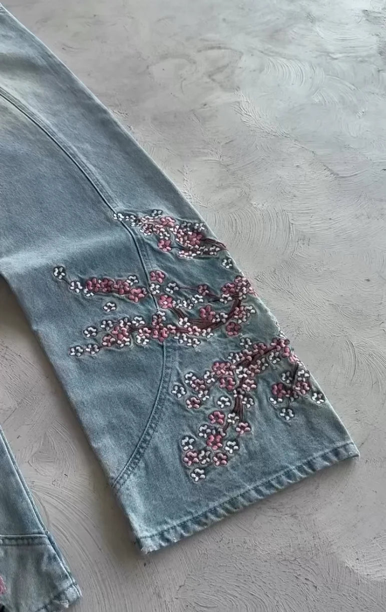 Y2K Cherry Blossom Embroidered Baggy Jeans Vintage Straight Denim Pants