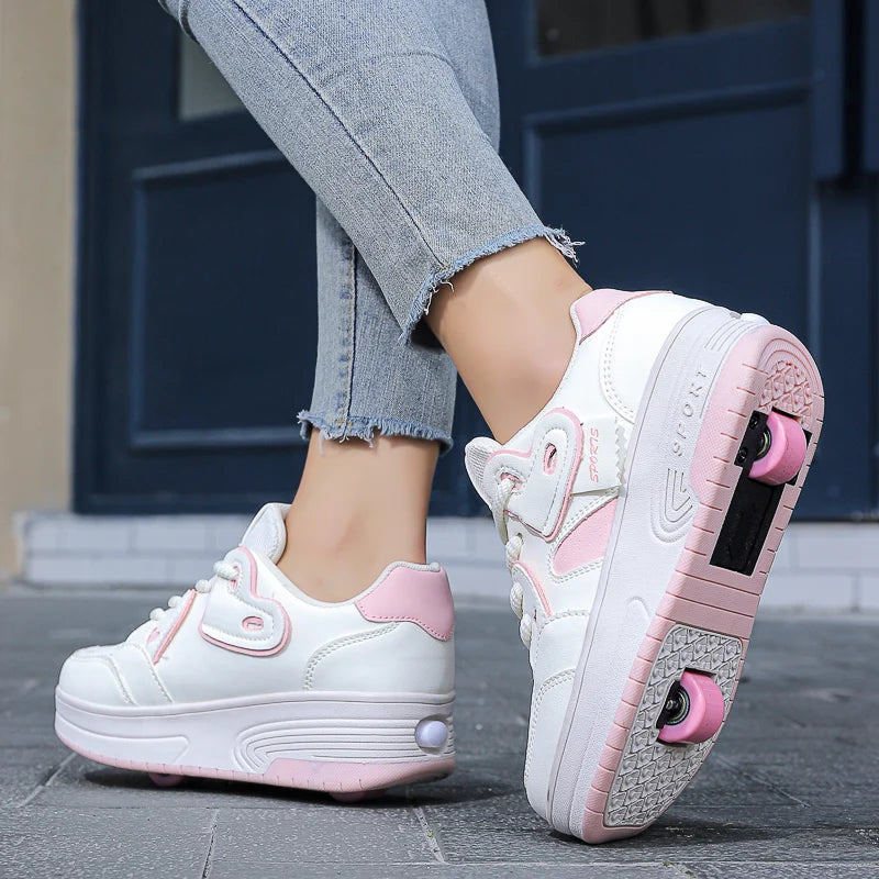 Girls Retractable Two Wheel Roller Skate Shoes Lace Up Breathable Outdoor Sneakers