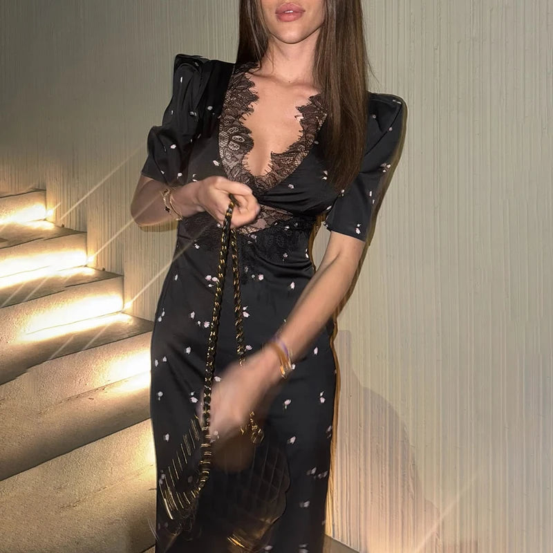 Women Lace Hollow Elegant Summer Dress High Waist Slim Fit Party Club Dress