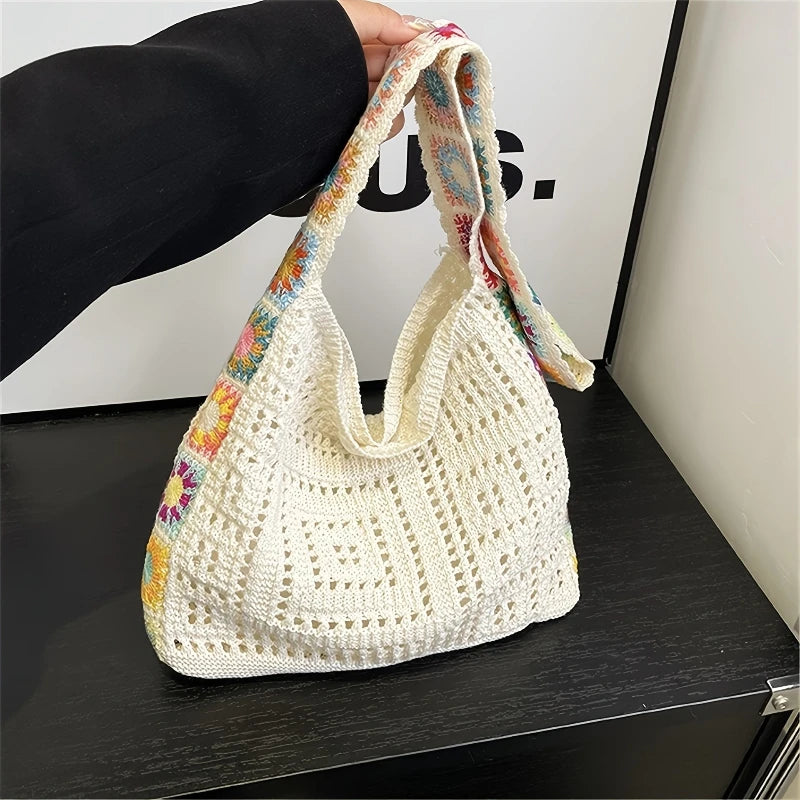 Women Boho Crochet Bag Knitted Floral Shoulder Tote Large Capacity Beach Woven Handbag