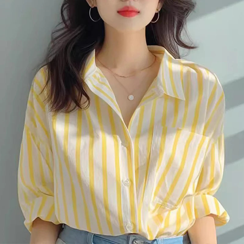 Women Striped Long Sleeve Shirt Yellow White Casual Spring Autumn Top