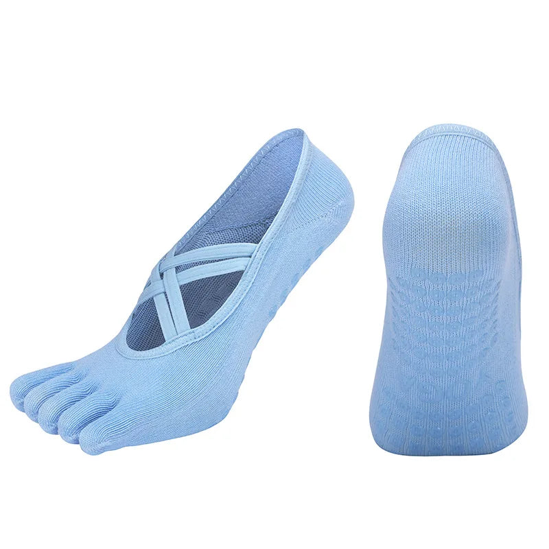 Women Anti Slip Pilates Five Toe Yoga Socks Silicone Grip Cotton Fitness Socks 1–4 Pairs