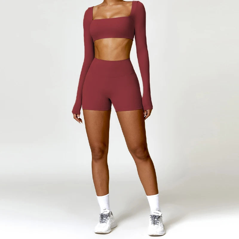 2PCS Seamless Yoga Set Women Long Sleeve Crop Top High Waist Leggings Workout Outfit