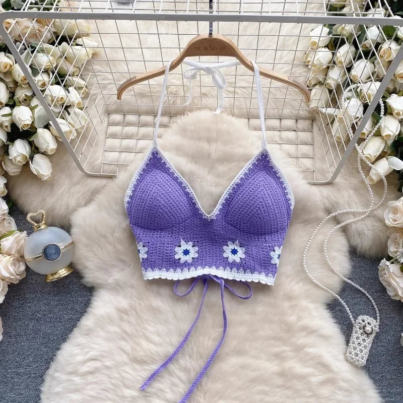 Women Floral Patchwork Backless Cami Crop Top
