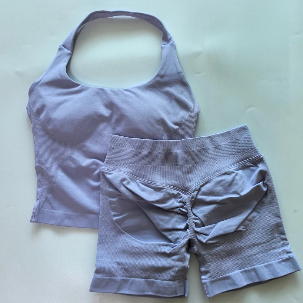 Yoga Set Women Seamless Tank Top High Waist Scrunch Shorts Gym Workout Set