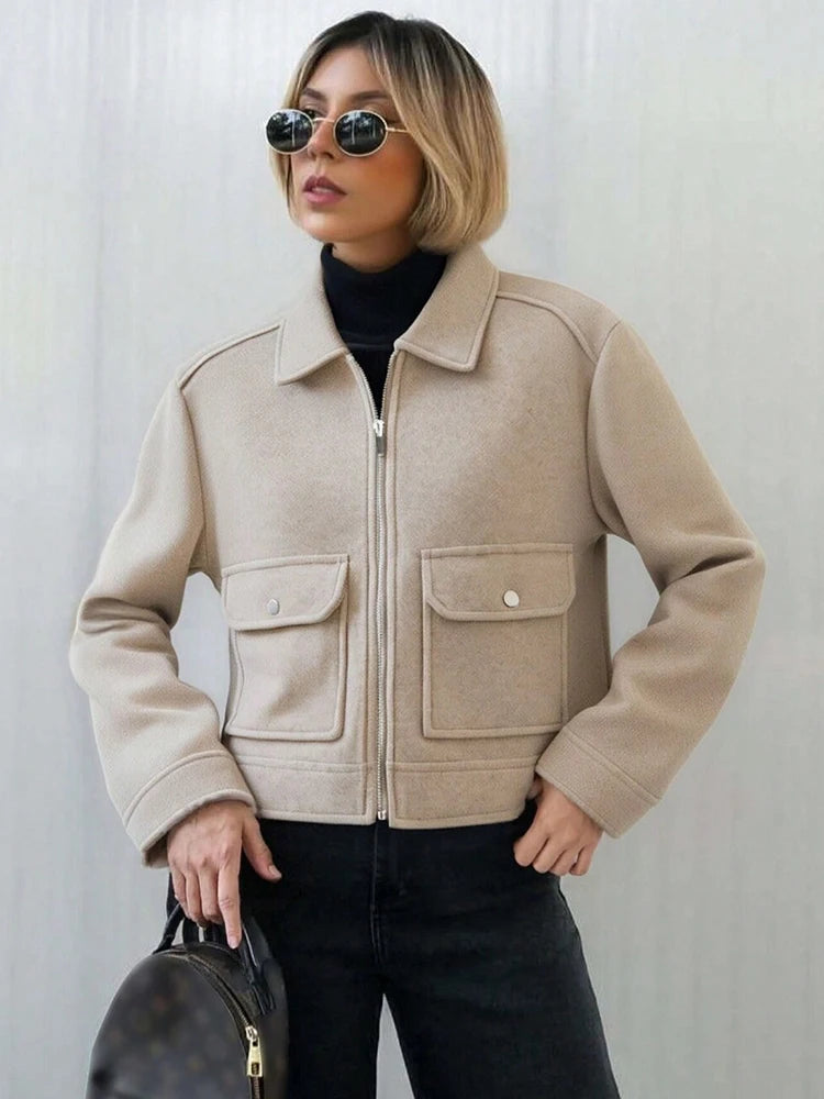 Women Winter Zipper Jacket Long Sleeve Short Coat Elegant Street Outerwear
