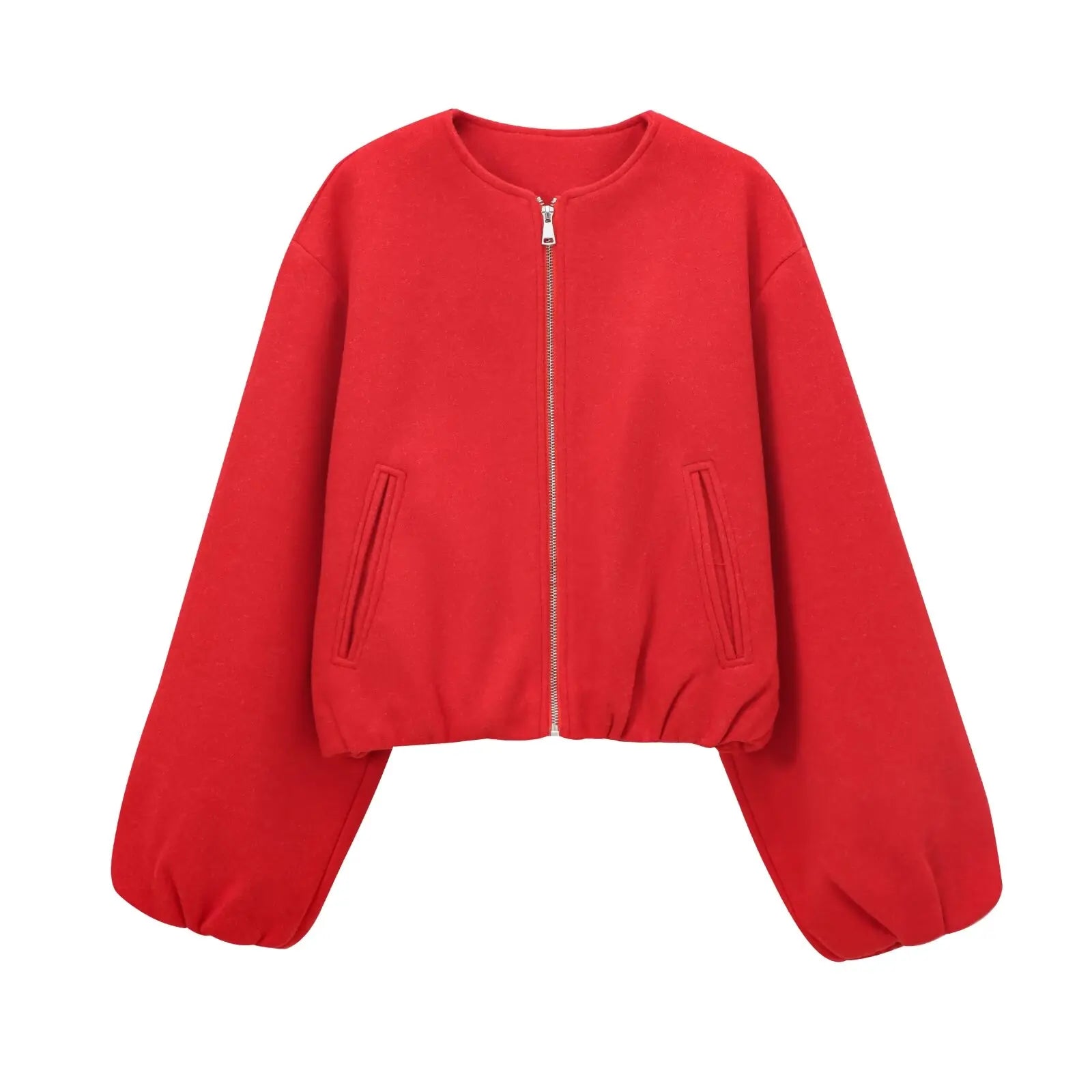 Women Red Cropped Bomber Jacket Zip Up Long Sleeve Sports Outerwear