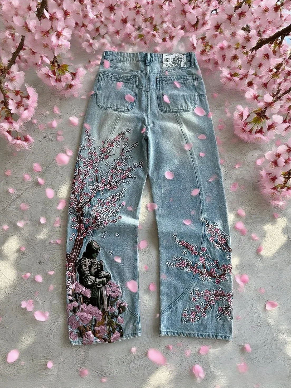 Y2K Cherry Blossom Embroidered Baggy Jeans Vintage Straight Denim Pants