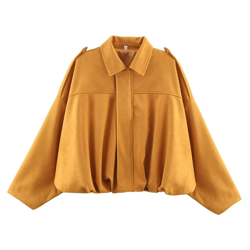 Women Bomber Jacket Vintage Turn Down Collar Loose Fit Coat Chic Outerwear