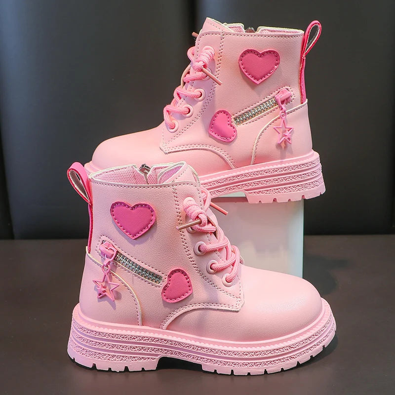 Girls Pink Love Side Zip Winter Boots Soft Sole PU Princess Shoes