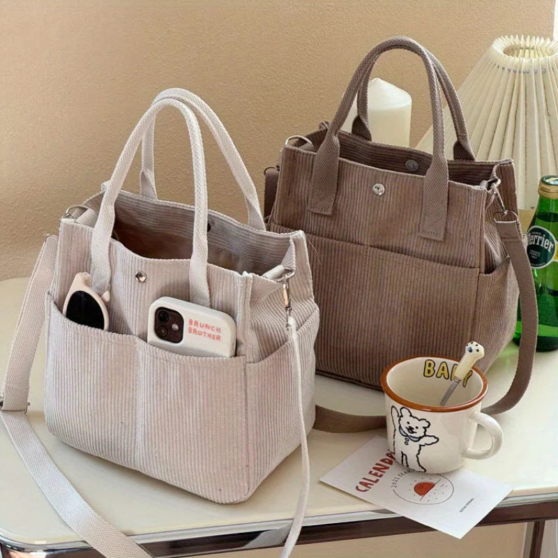 Corduroy Tote Bag Multi Pocket Crossbody Shoulder Satchel for Women