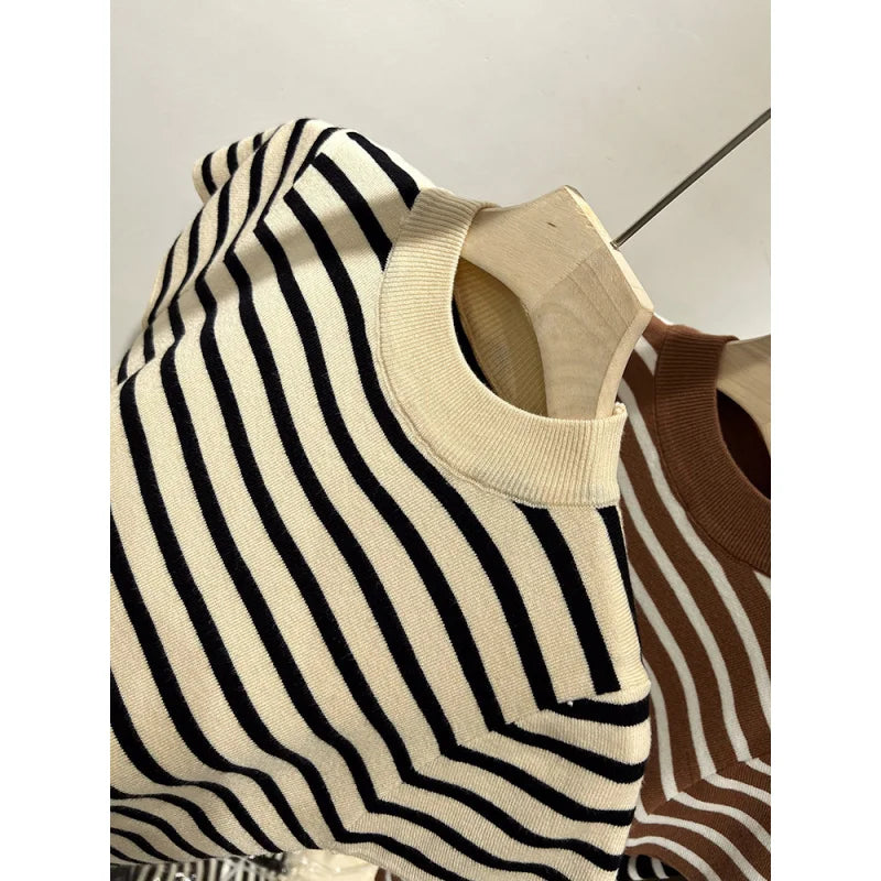 Women Half Turtleneck Striped Knit Top Slim Fit Short Sleeve Sweater
