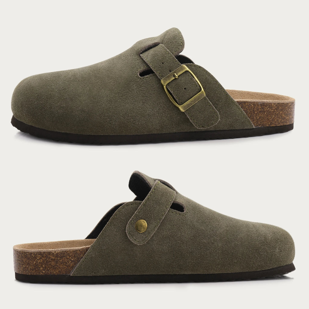 Suede Mule Slippers Cork Footbed Clogs Adjustable Buckle Slides Comfort Arch Support Sandals Women Men