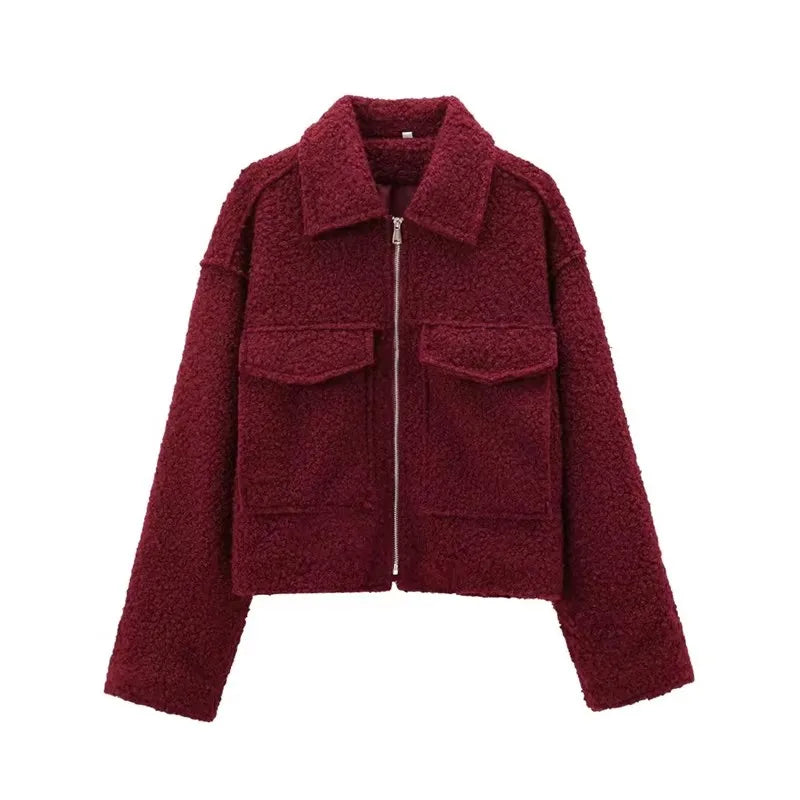 Women Grey Zip Up Jacket Vintage Lapel Long Sleeve Coat with Pockets