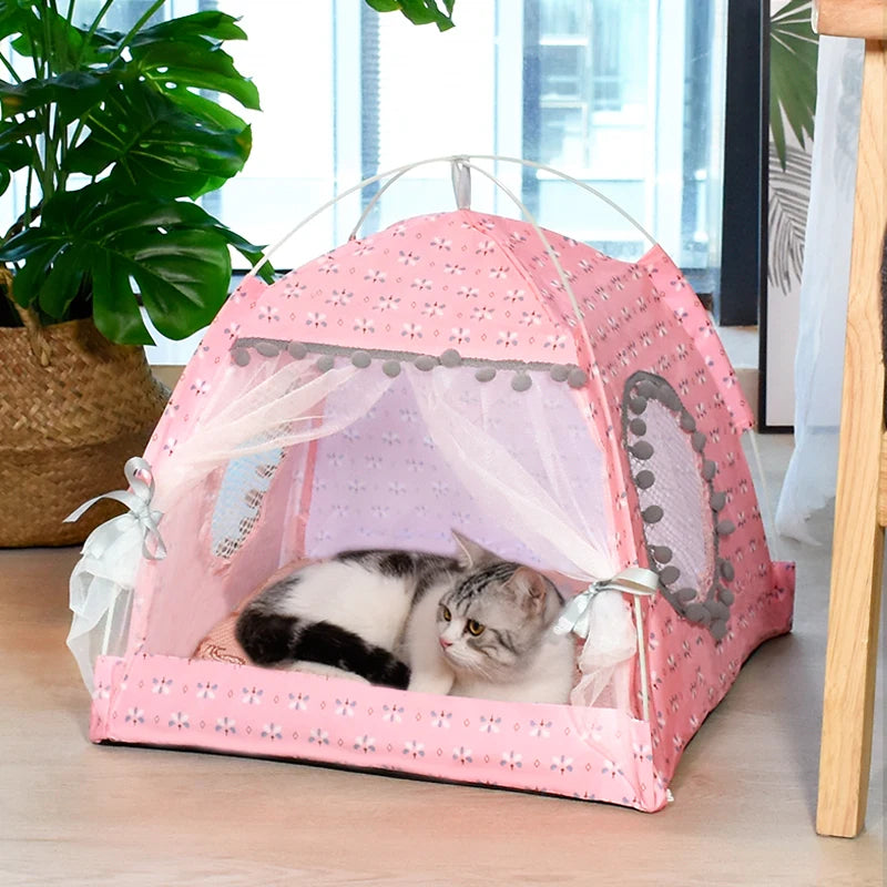Floral Cat Tent Bed Semi Enclosed Pet Nest