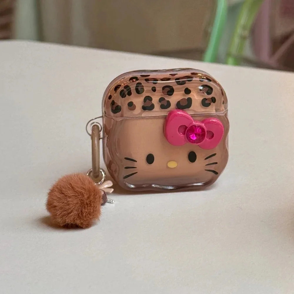 Leopard Print KT Cat AirPods Case 3D Bow Protective Cover with Keychain