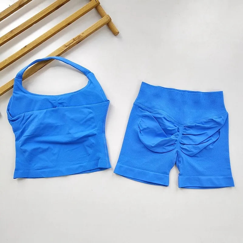 Seamless Yoga Set Women Halter Sports Bra High Waist Shorts Gym Workout Set