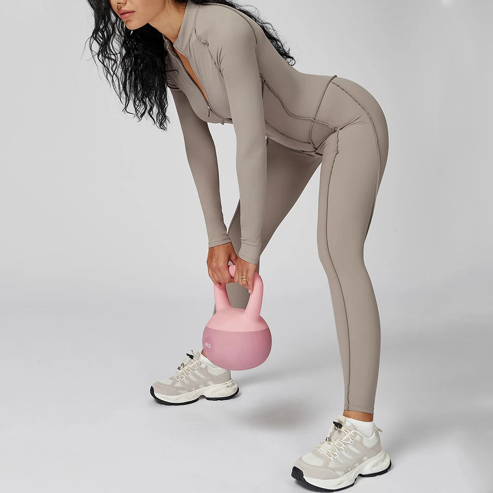 Women Long Sleeve Zip Front Fitness Jumpsuit Body Shaping One Piece Workout Suit