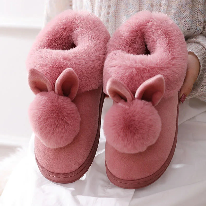 Winter Plush Slippers Thick Sole Couple Indoor Faux Rabbit Fur Closed Back House Shoes