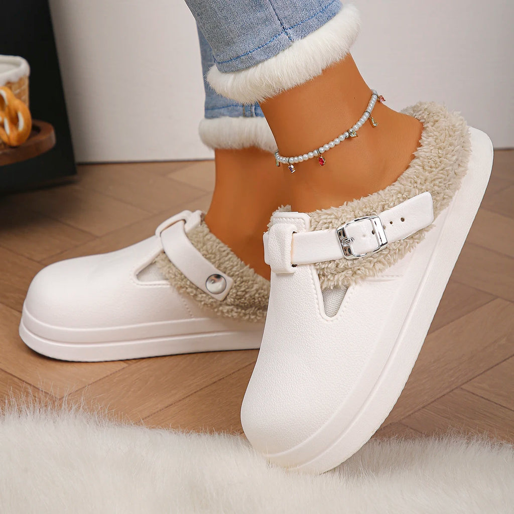 Furry Mule Slippers Women Buckle Winter Plush Warm Indoor Shoes Thick Sole Cozy Slides
