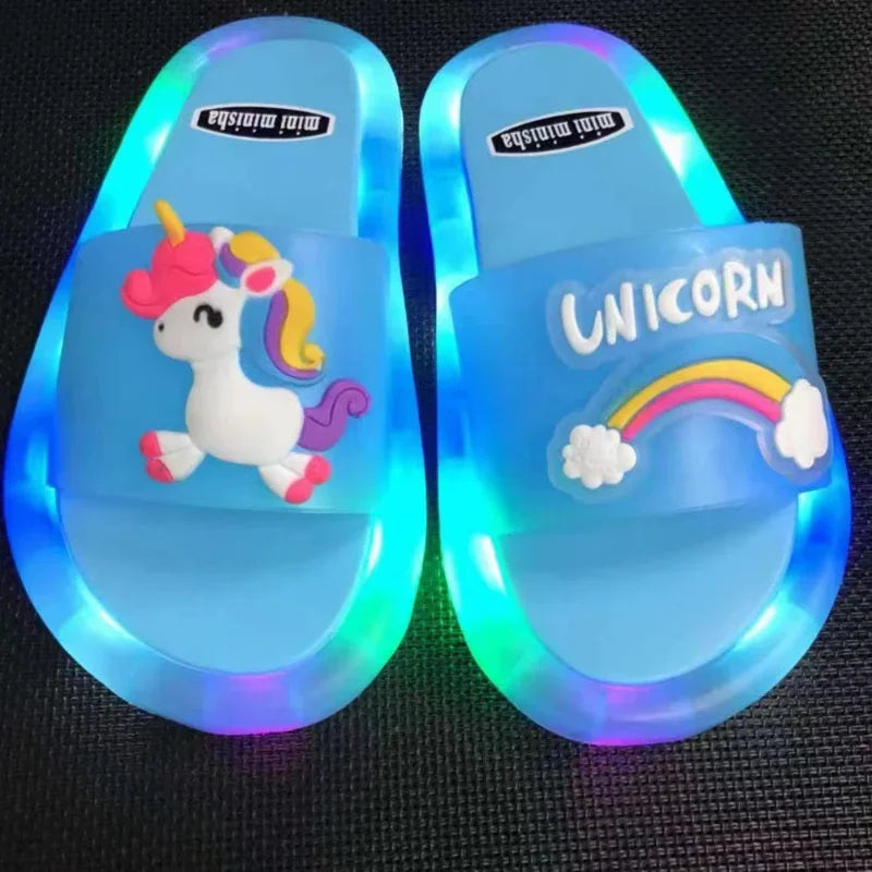 Kids LED Light Up Slippers Unicorn Cartoon Glowing Sandals Colorful Non Slip Children Slide Shoes