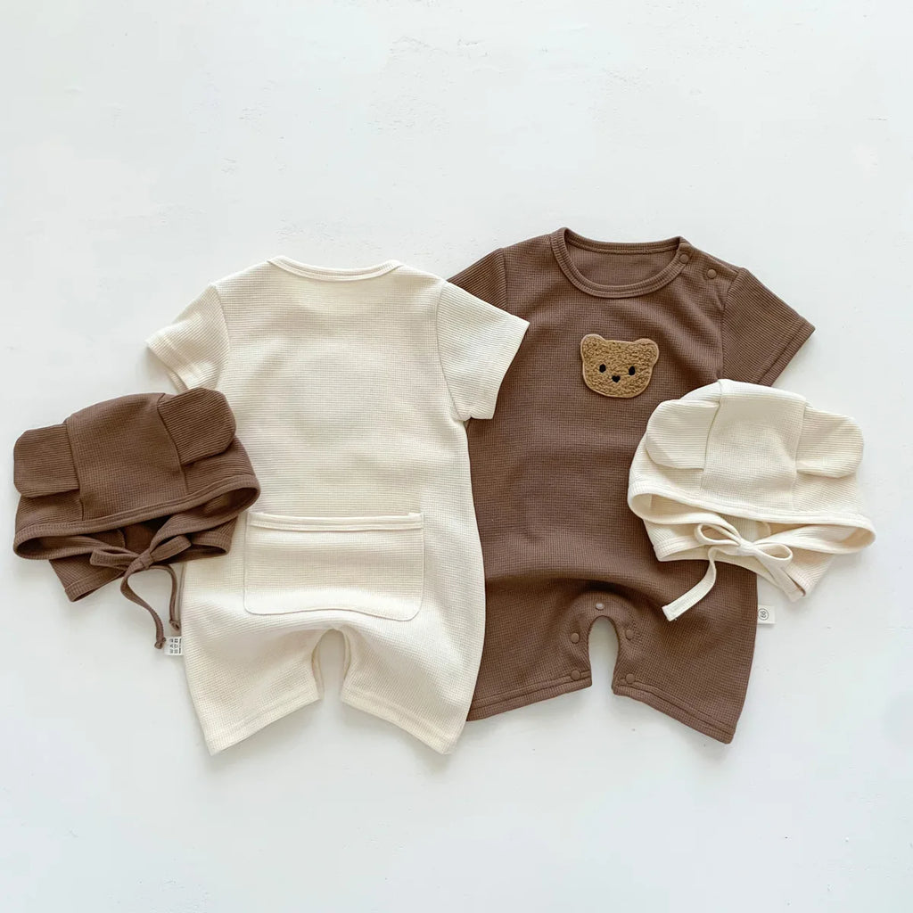 Baby Waffle Cotton Romper Short Sleeve Bear Jumpsuit with Hat