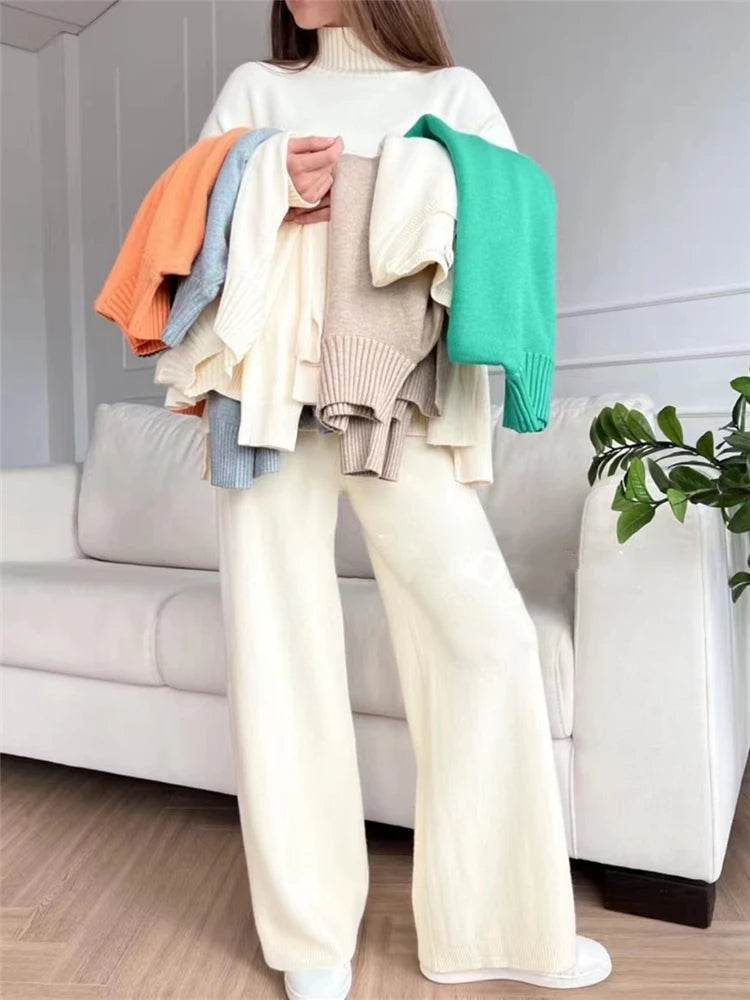 Women Knitted Two Piece Set Turtleneck Sweater and Straight Jogger Pants Winter Tracksuit