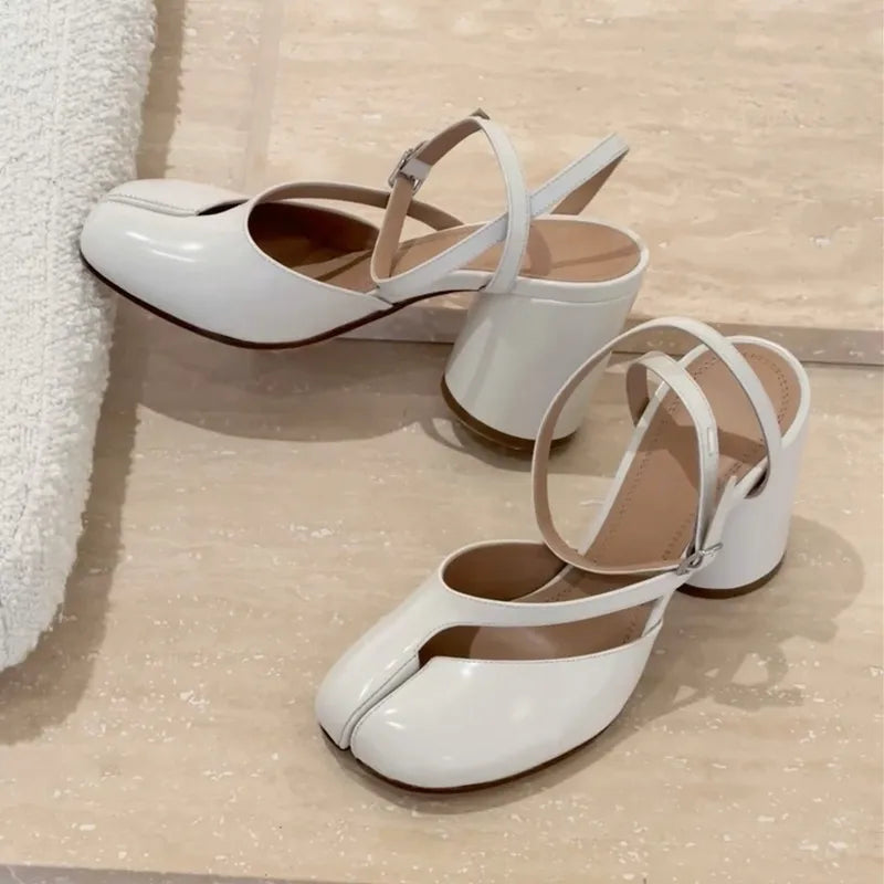 Women Patent Leather Tabi Split Toe Slingback High Heel Pumps Chunky Casual Shoes