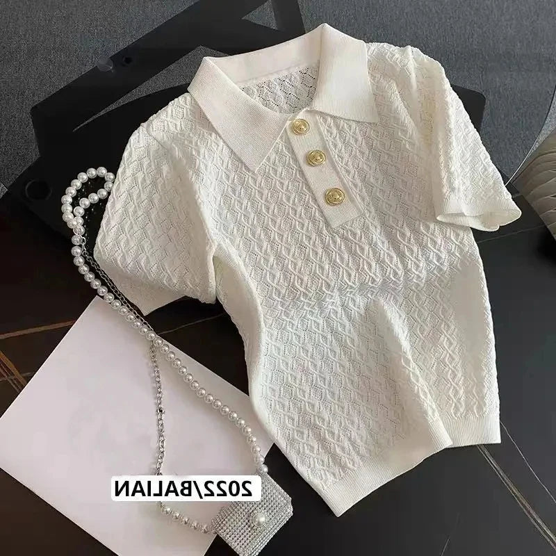 Women Ice Silk Polo Shirt Knitted Short Sleeve Jacquard Summer Chic Thin Top Style