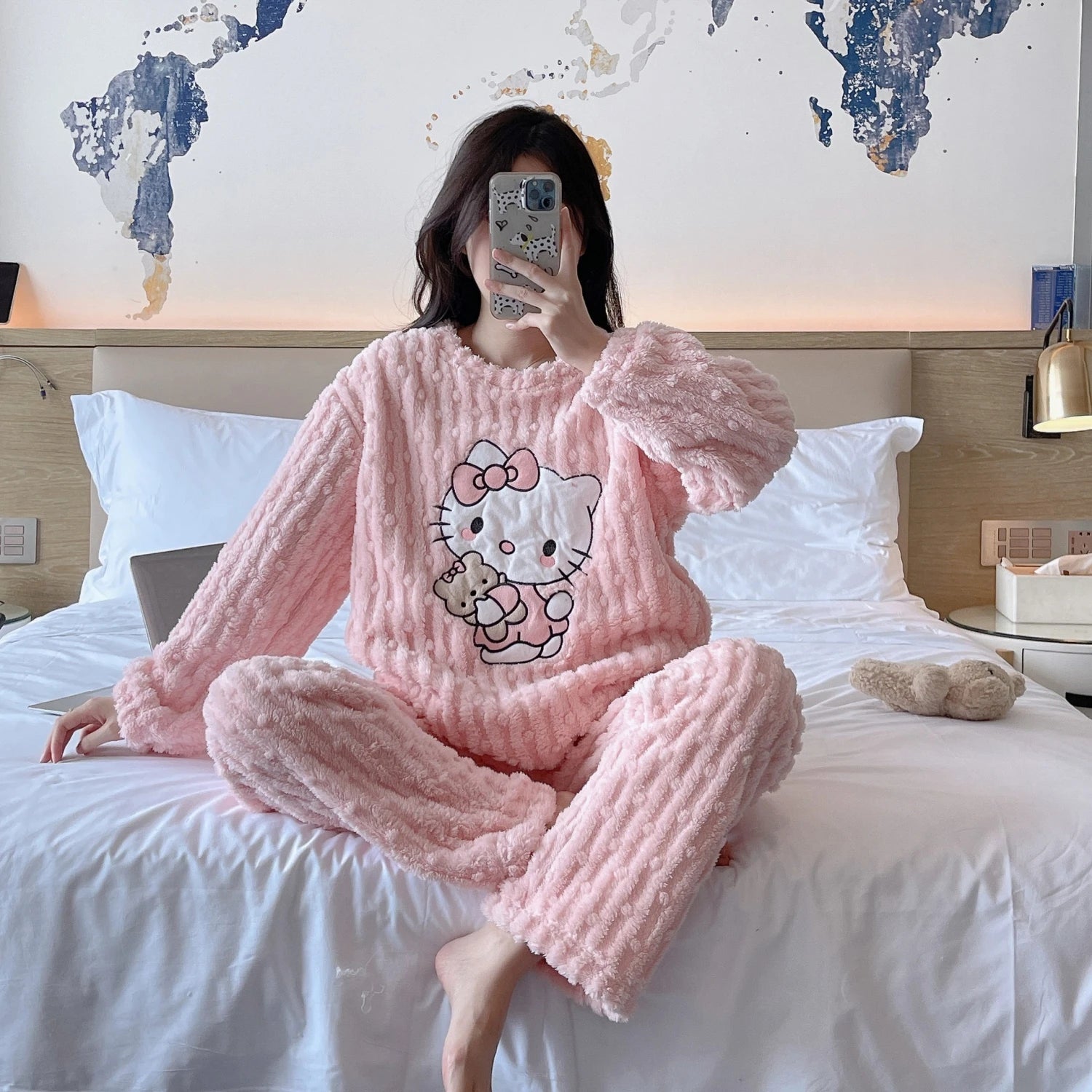 Women’s Cute Cat Cartoon Coral Velvet Pajama Pants Warm Winter Flannel Loungewear