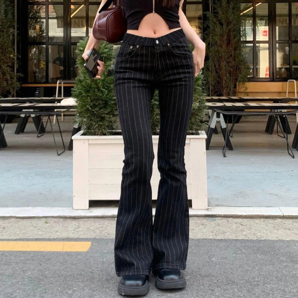 Women Y2K Low Rise Bootcut Flare Jeans Black Striped Denim Streetwear Pants