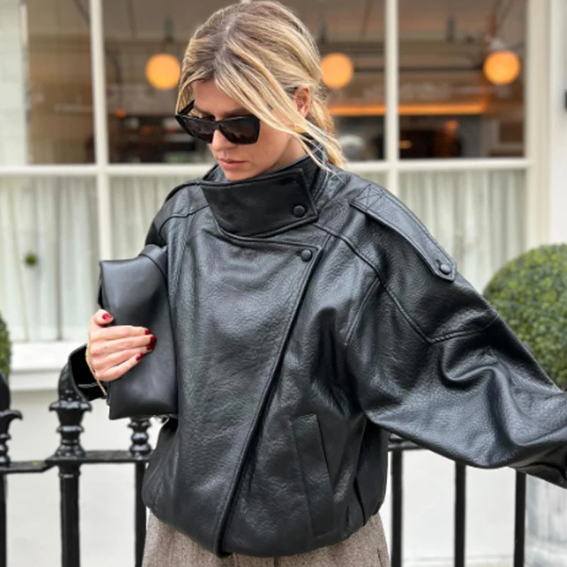 Women Black Cropped Faux Leather Bomber Jacket Oversize Zip Up Coat