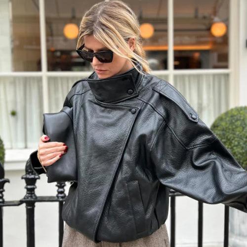 Women Black Cropped Faux Leather Bomber Jacket Oversize Zip Up Coat
